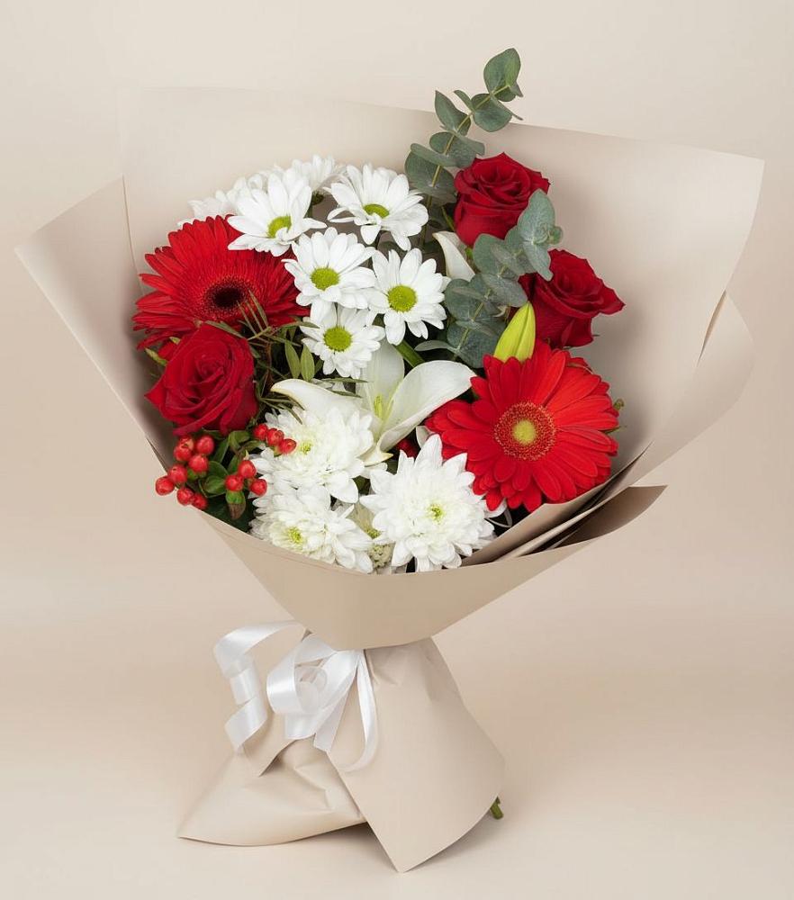 Букет цветов из: Розы, Хризантемы, Герберы и Лилии в Новогуровском