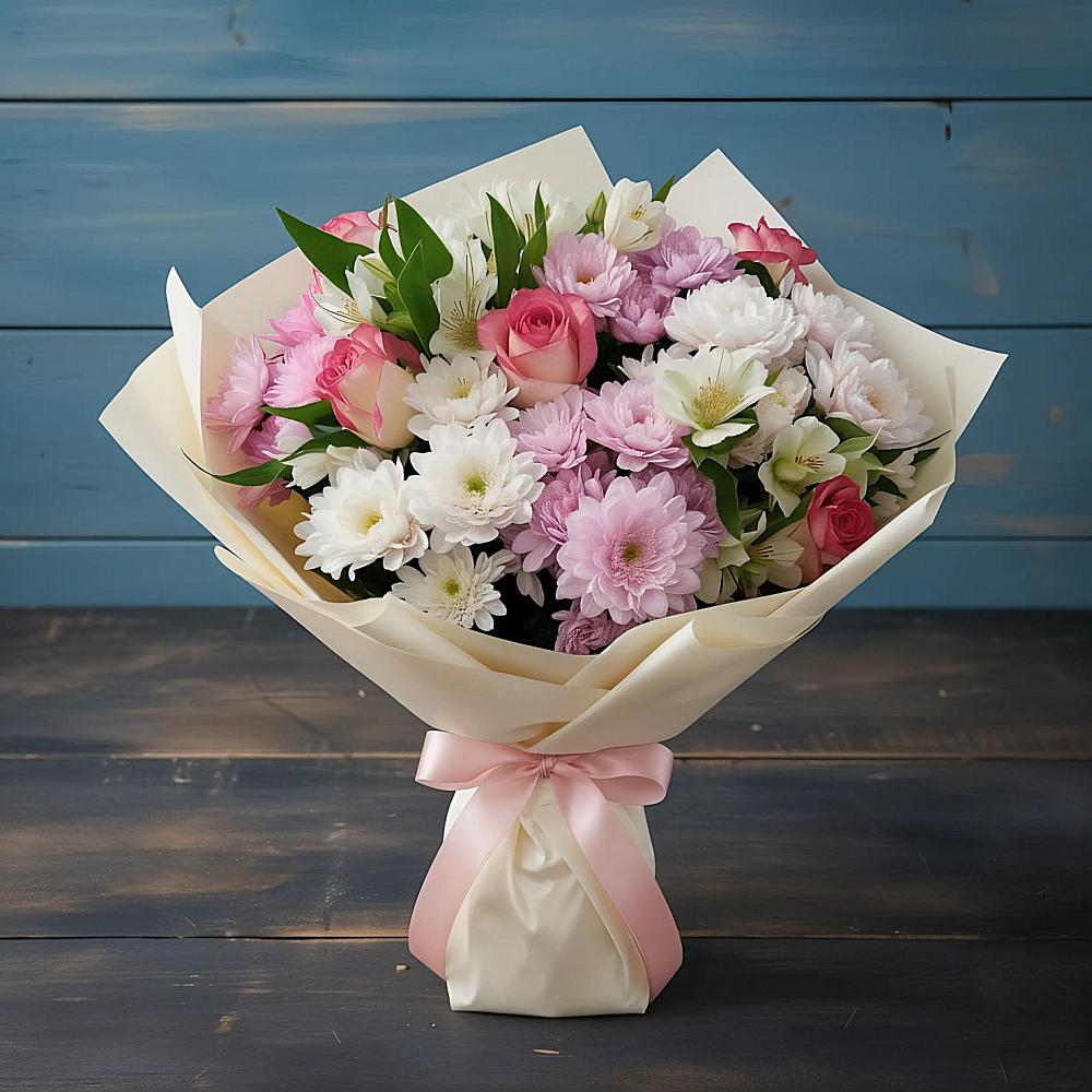 Букет цветов из: Хризантемы, Альстромерии и Розы в Новогуровском